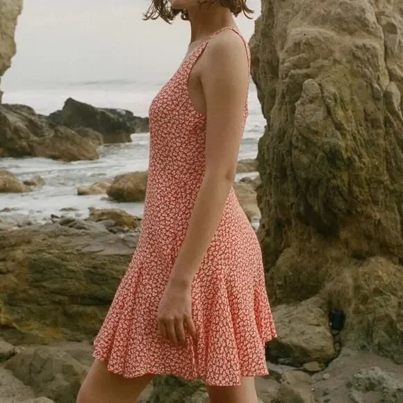 Doen Porto Floral Viscose Sleeveless A Line Mini Dress Orange Hillside Bloom - Picture 4 of 13